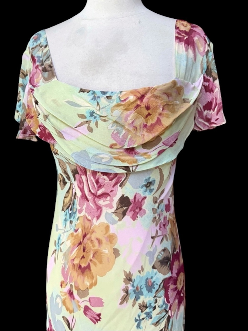 Y2K Newport News 100% Rayon Floral Draped Scoop Cowl Neck Bias-Cut Dress - Picture 2 of 6